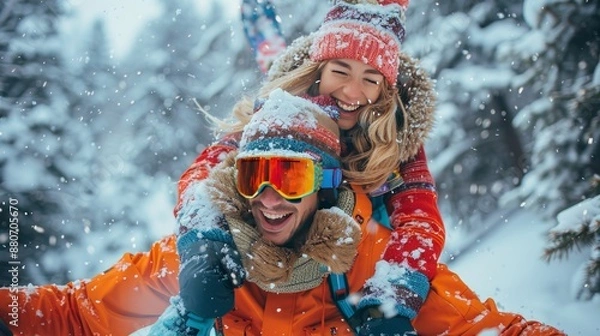 Fototapeta Happy couple enjoying snowy day in winter wonderland