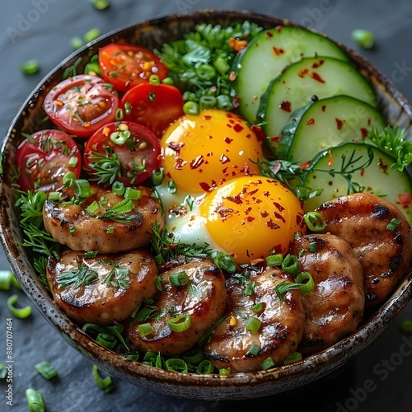 Obraz Nutritious Keto Bowl with Grilled Sausages, Boiled Eggs, and Fresh Vegetable Garnish