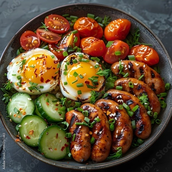 Fototapeta Mouth-Watering Keto Sausage Bowl with Perfectly Boiled Eggs, Fresh Cucumbers, and Cherry Tomatoes