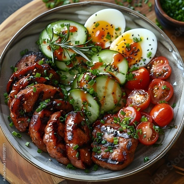 Fototapeta Top-Down View of Keto Sausage Bowl with Vegetables