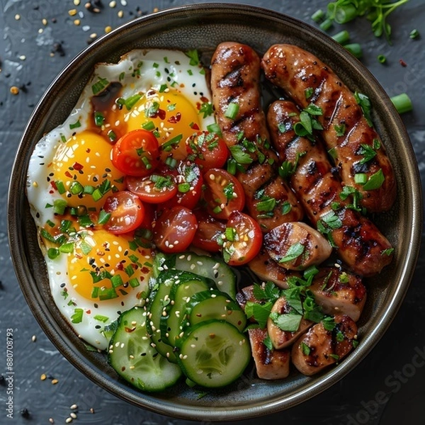 Obraz Keto Sausage Bowl with Boiled Eggs and Fresh Veggies