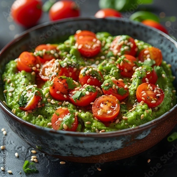 Obraz Rustic Bowl of Mexican Guacamole with Cherry Tomatoes