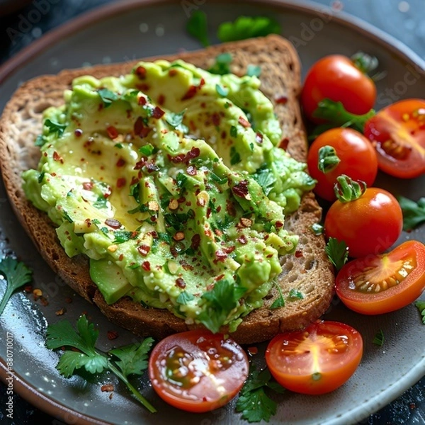 Obraz Avocado and Tomato Toast with Fresh Herbs