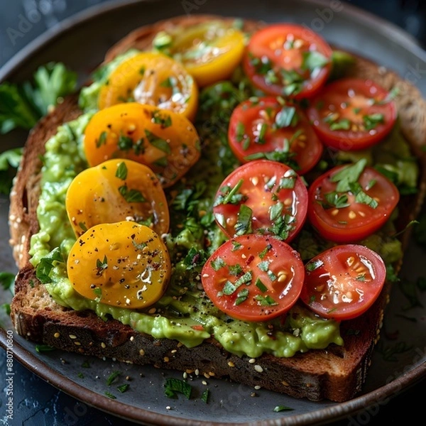 Obraz Fresh Avocado and Tomato Toast with Herbs