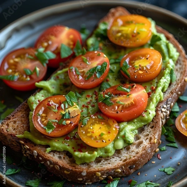 Obraz Healthy Avocado Toast with Cherry Tomatoes and Herbs