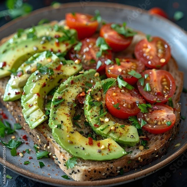 Obraz Avocado Toast with Cherry Tomatoes and Fresh Herbs