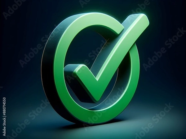 Fototapeta 3d graphic of a green tick mark symbol on a dark black background
