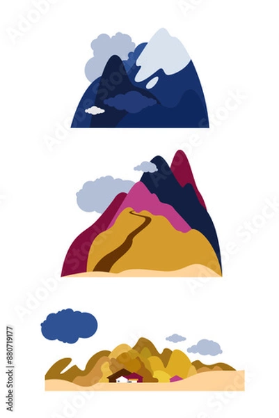Fototapeta Three natural objects in the landscape. Village in the desert, snowy mountain peaks, road into the hills. Vector illustration.