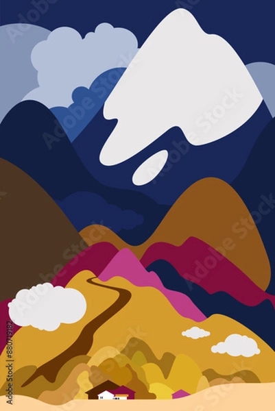 Fototapeta A village or town in a mountainous area with snowy peaks. The road rises from the town into the mountains. Evening after a thunderstorm. Vector illustration.