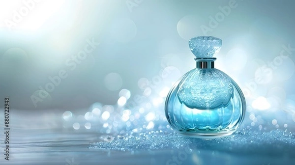 Fototapeta Elegant Blue Perfume Bottle with Sparkling Bokeh Background and Soft Lighting