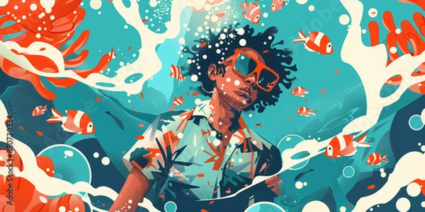 Obraz pattern with fishes, young guy on diving