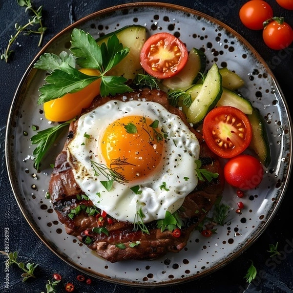Obraz High-Quality Keto Plate with Sunny-Side-Up Egg, Meat, and Vegetables