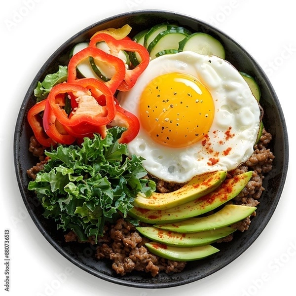 Obraz Keto Breakfast Sunny-Side-Up Egg on Grilled Meat with Cucumber and Tomato