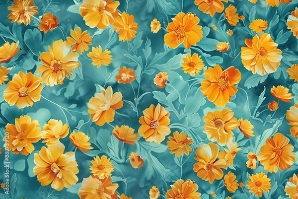 Fototapeta Warm Marigold Vibrancy, Turquoise and Marigold Pattern, Seamless Pattern with Flowers and Leaves. Hand Drawn Background. Floral Pattern for Wallpaper, Fabric, Textile, Fashion, Print