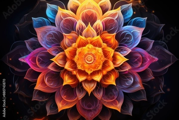 Fototapeta Chakra sahasrara with om symbols in the black background mandala vector illustra, generative IA