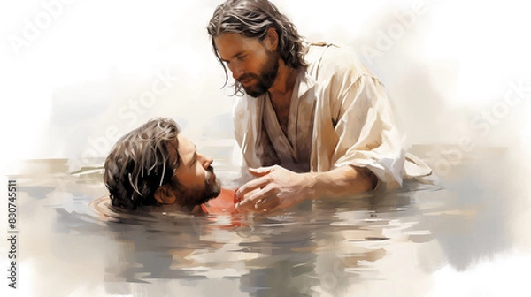Fototapeta Christian man, guided by his father, embraced his faith through baptism ceremony in river, symbolizing his devotion to Christ and commitment to his religion. christian, baptism, man, faith, father.