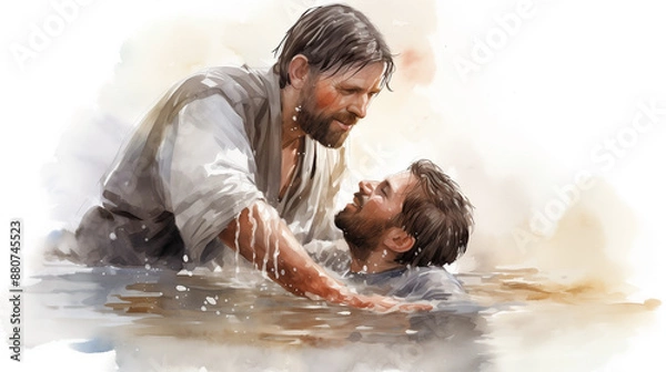 Fototapeta Christian man, guided by his father, embraced his faith through baptism ceremony in river, symbolizing his devotion to Christ and commitment to his religion. christian, baptism, man, faith, father.