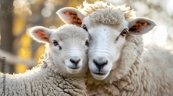Fototapeta A mother sheep and her lamb, both with pure white wool, cuddle together in the barnyard on Easter morning.
