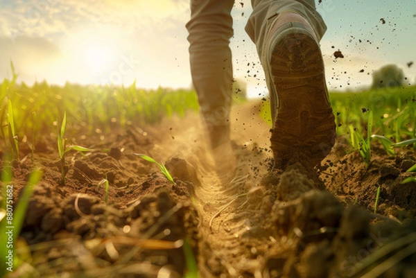Fototapeta A farmer walking in a field a low angle shot