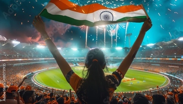 Obraz Cricket Fan Raising an Indian Flag in the Stadium