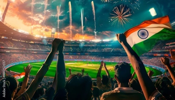 Obraz Generated ImageFans Celebrating a Point with Indian Flags in the Stadium