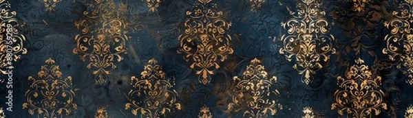 Fototapeta Elegant vintage floral pattern with gold leaves on a dark blue textured background, perfect for invitations, wallpapers, and home decor.