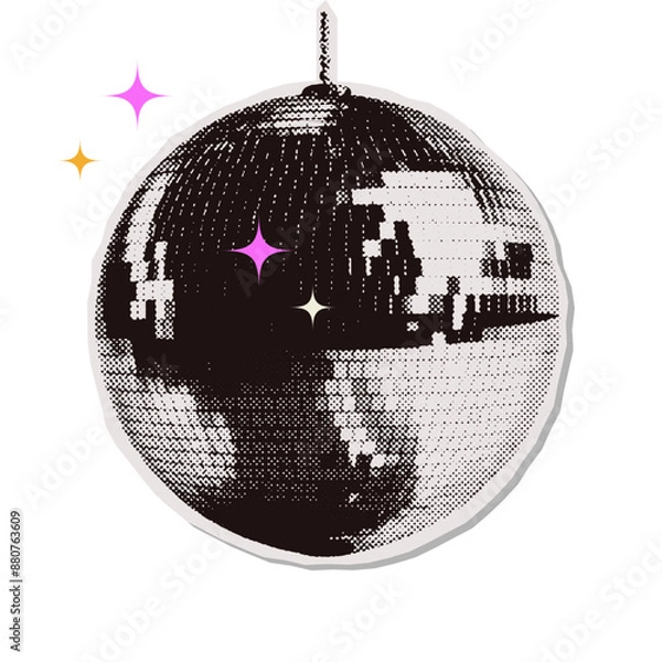 Fototapeta Disco ball halftone collage element. Vector Silver disco ball on a transparent background. Abstract dotted torn out paper party globe.