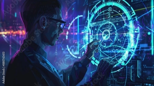 Fototapeta A man interacts with a futuristic digital interface, showcasing advanced technology and graphical data in a neon-lit environment.
