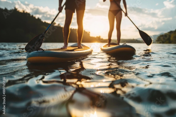 Fototapeta Couple stand up paddleboarding on the lake, close up photo