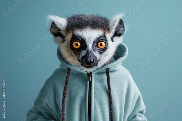 Obraz Lemur with an elegant gray hoody on a solid studio blue color background. Copy space for text. Cute cool exotic animal dressed fashion clothes, hood at head. Humor, summer. Funny creative concept