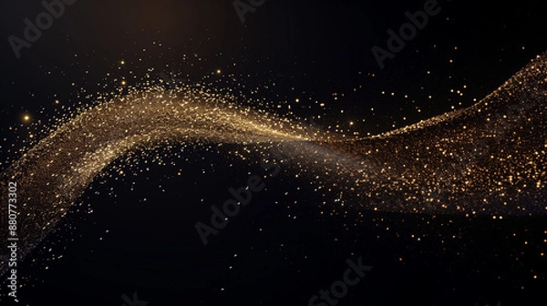 Fototapeta A stream of golden glitter appeared on the black background. The glitter fell in a way that looked like it was blown by the wind. The scene was quirky and fun.