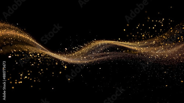 Fototapeta A stream of golden glitter appeared on the black background. The glitter fell in a way that looked like it was blown by the wind. The scene was quirky and fun.