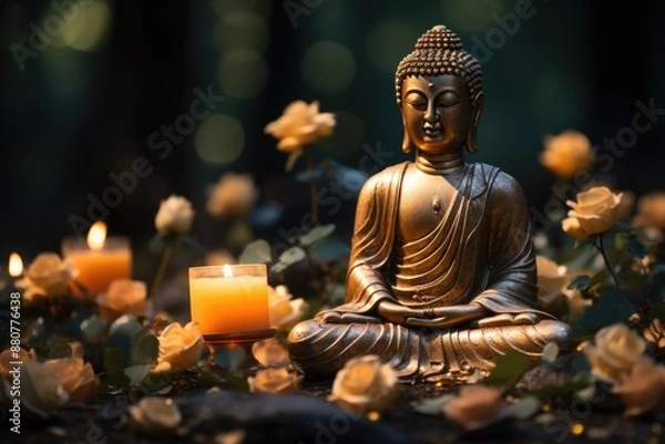 Fototapeta Mahavir Jayanti Bronze Statuette of Deity Lord Buddha Sacred Statue, generative IA