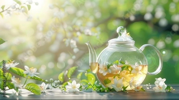 Obraz Glass teapot with herbal tea and blooming jasmine flowers on wooden table in springtime.