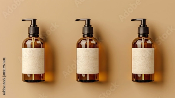 Fototapeta Amber glass bottles mockup with blank labels on brown background. Pump and spray containers packaging design. Bathroom cosmetics. Flat lay, top view