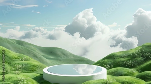 Obraz Nature green grass hilly valley and clouds with mirror podium 3d illustration eco and natural product display mockup