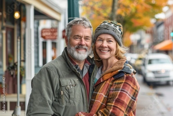 Fototapeta Portrait of a merry couple in their 50s wearing a trendy bomber jacket on charming small town main street