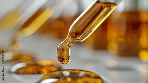 Obraz Cosmetic pipette with drops of cosmetic oil close-up on a white background