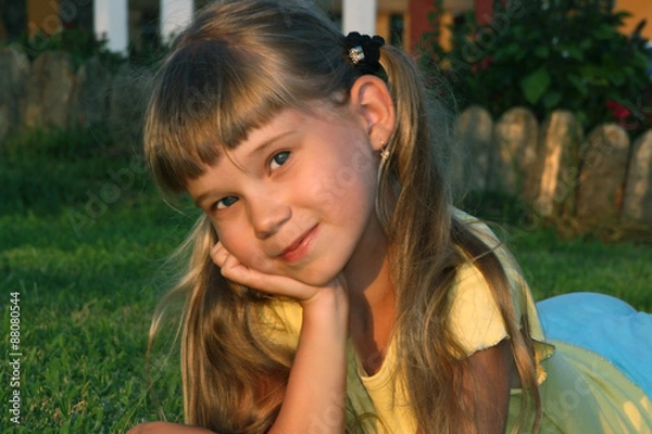 Obraz Portrait of a smiling little girl lying on the green grass