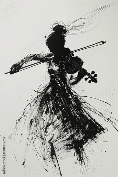 Fototapeta A black and white sketch of a violinist with a bow poised mid-stroke