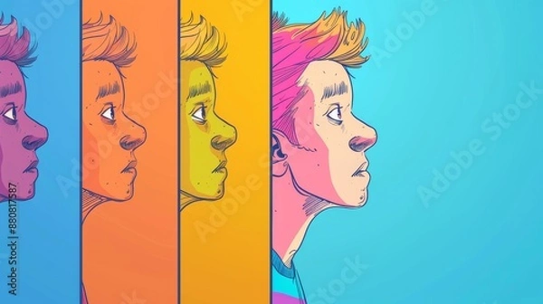 Fototapeta Whimsical Comic Strip: Playful Side View Cartoon Characters in Flat Design with Colored Pastel Tones.