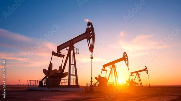 Fototapeta Multiple oil pump jacks working in a field during sunset.