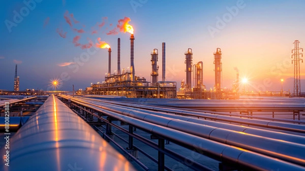 Obraz An extensive oil refinery with illuminated towers and pipelines at dusk.