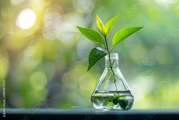 Fototapeta glass test tube and green plant, sustainability minimalist biotech solution for environmental conservation, biofuel production, bioremediation, soft diffused light, biotechnology in global challenges