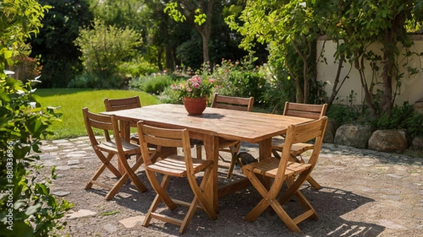 Fototapeta Vintage style wooden tables and chairs in a shady garden area with trees and flowers.