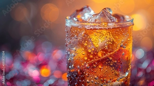 Fototapeta Close Up of a Glass of Cold, Icy Soda With Bokeh Background