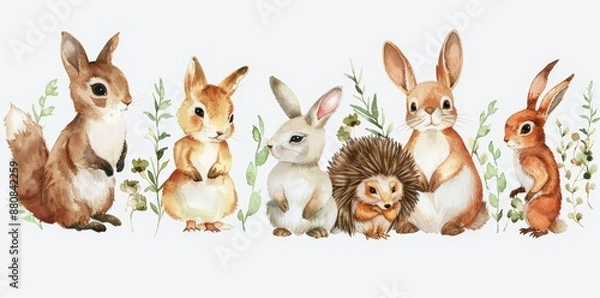 Fototapeta In this Safari Animal set, we have rabbits, foxes, bunnies, bears, squirrels, hedgehogs, birds, hares, raccoons, sparrows, all in watercolor style. Stock image.