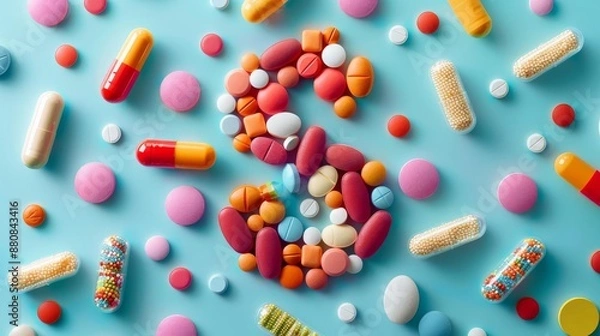 Fototapeta A bright and engaging visual concept featuring a dollar sign made of assorted colorful pills and tablets The design includes a turquoise background