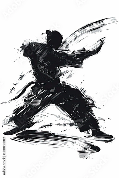 Fototapeta A black and white sketch of a person practicing martial arts