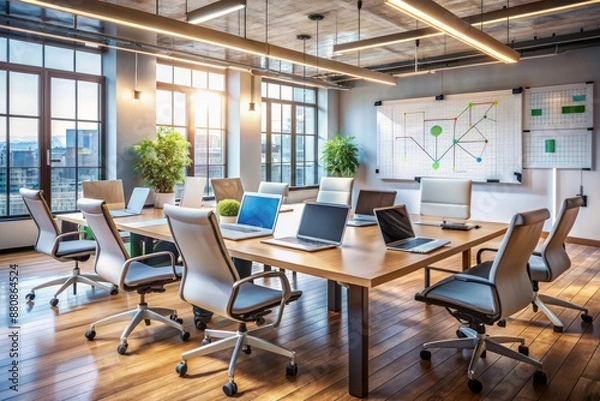 Fototapeta Collaborative workspace with laptops and whiteboard filled with technical diagrams, surrounded by empty chairs, conveying effective team management and leadership in tech industry.